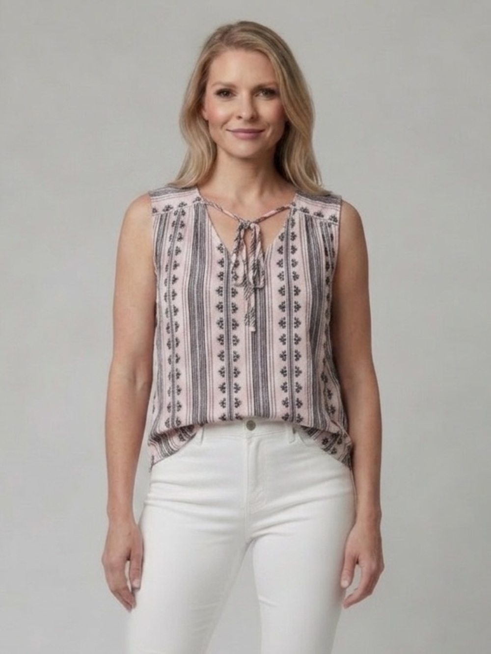 Pink Black Striped Floral Tie Front Sleeveless Cami Tank Size M
